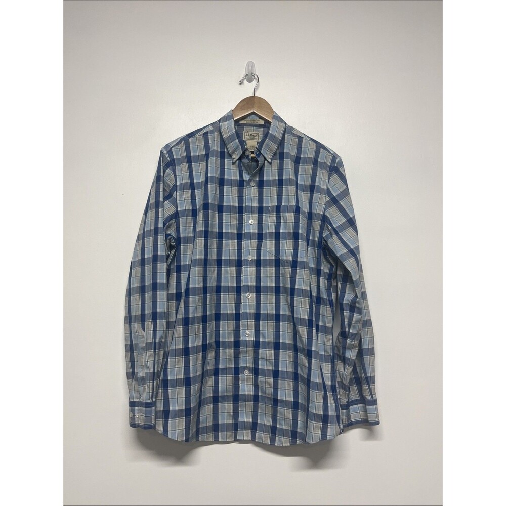 L.L. Bean Shirt Men's Medium Plaid Long Sleeve 100% Cotton Blue